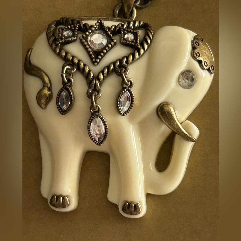 Vintage Avon Necklace Elephant ivory-look, bejeweled w crystals, braid, trunk-up